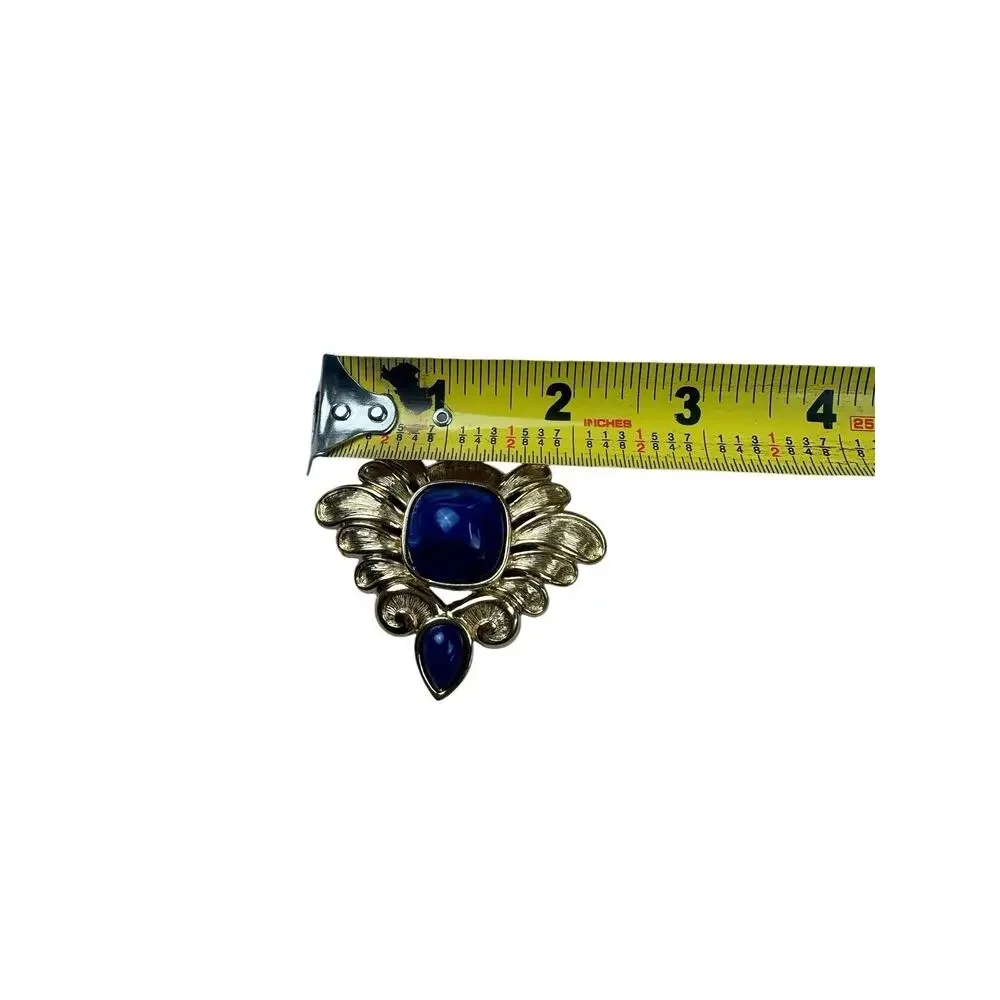 Vintage TRIFARI Signed Faux Lapis Lucite Blue Brushed Gold Tone Brooch 1980s